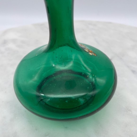 Emerald Green Bohemian Glass Bud Vase Pair Hand Blown Painted Fluted Unique Vint - Picture 8 of 14